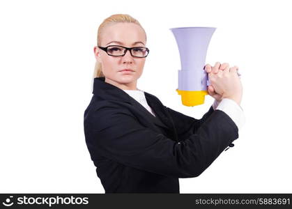 Woman businesswoman with loudspeaker on white