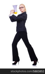 Woman businesswoman with loudspeaker on white