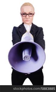 Woman businesswoman with loudspeaker on white