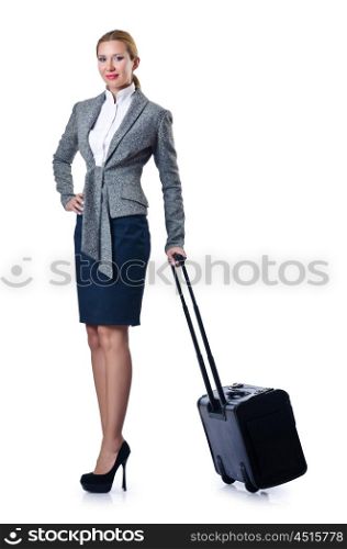 Woman businesswoman with luggage on white