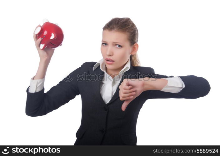 Woman businesswoman with piggybank on white