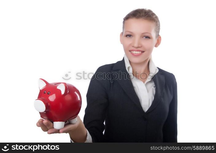 Woman businesswoman with piggybank on white