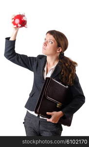 Woman businesswoman with piggybank on white