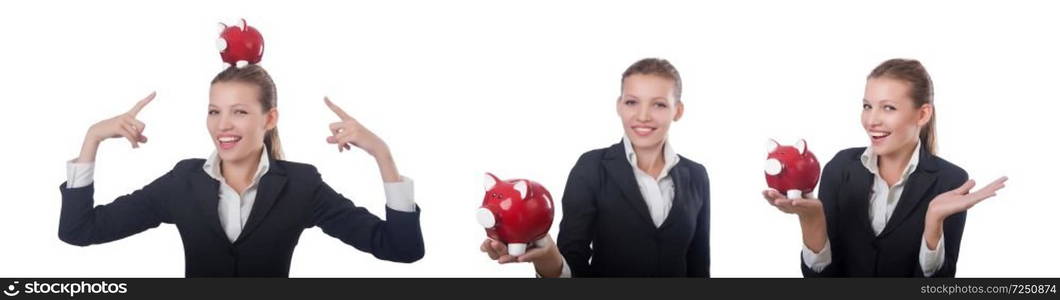 Woman businesswoman with piggybank on white