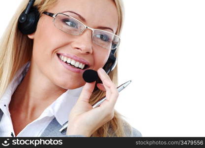 woman call with headset close portrait