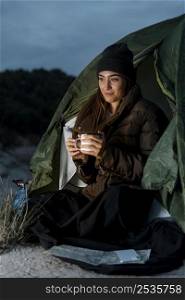 woman camping night