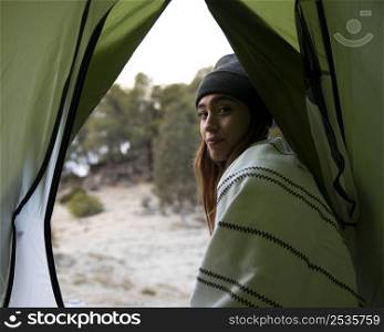 woman camping woods