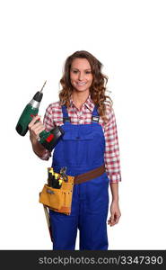 Woman carpenter standing on white background