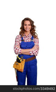 Woman carpenter standing on white background