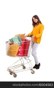 Woman carrying a shopping cart full of gifts