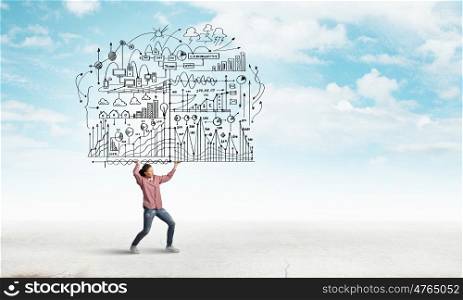 Woman carrying ideas. Young businesswoman carrying her great business plan in hands