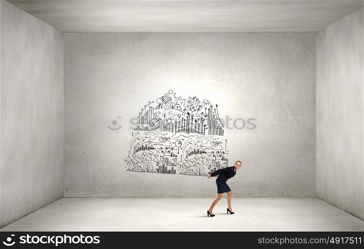 Woman carrying ideas. Young businesswoman carrying her great business plan on back