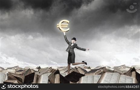 Woman catch euro. Young businesswoman in suit and bowler hat catching euro symbol