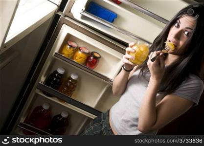 Woman Caught Munching at Refrigerator Late Night Midnight Food Snack