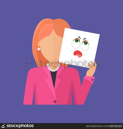 Woman Character Avatar Vector in Flat Design.. Woman character avatar vector. Flat style. Red-head female portrait with vapidity, sadness, fatigue, boredom, tediousness, emotional mask. Illustration for identity in Internet, mood concept, app icon