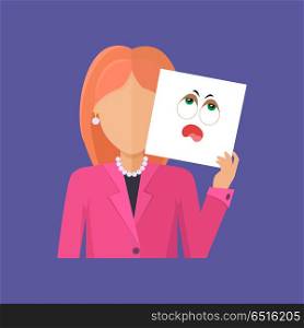 Woman Character Avatar Vector in Flat Design.. Woman character avatar vector. Flat style. Red-head female portrait with vapidity, sadness, fatigue, boredom, tediousness, emotional mask. Illustration for identity in Internet, mood concept, app icon