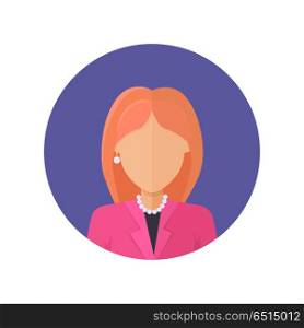 Woman Character Avatar Vector in Flat Design.. Woman character avatar vector in flat style design. Red-head female personage portrait icon in blue circle. Illustration for concepts, app pictograms, infographic. Isolated on white background.