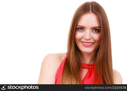 Woman charming girl colorful eyes makeup red lips. Portrait of attractive female long straight hair isolated on white.. Woman charming girl long hair face makeup
