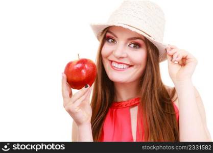 Woman charming girl long hair colorful make up wearing summer hat holds big red apple fruit. Healthy eating, vegetarian food, dieting and people concept.. Woman summer hat colorful makeup holds apple fruit