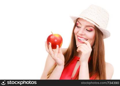 Woman charming girl long hair colorful make up wearing summer hat holds big red apple fruit. Healthy eating, vegetarian food, dieting and people concept.. Woman summer hat colorful makeup holds apple fruit