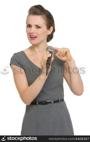 Woman checking microphone. HQ photo. Not oversharpened. Not oversaturated. Woman checking microphone isolated