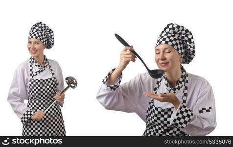 Woman chef in collages on white