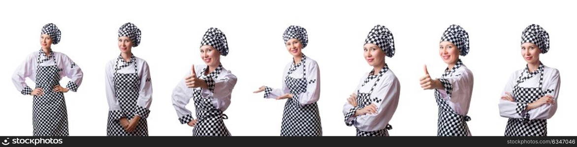 Woman chef in collages on white