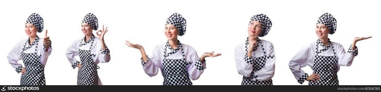 Woman chef in collages on white