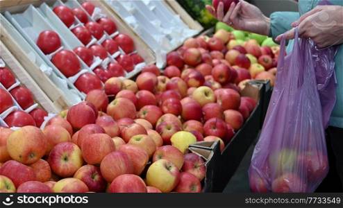 Woman choosing and buying apples at the market. Woman choosing and buying apples