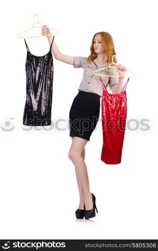 Woman choosing the dress isolated on white