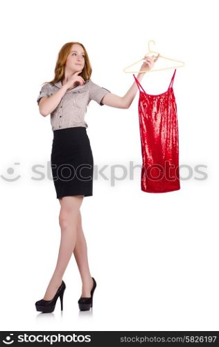Woman choosing the dress isolated on white