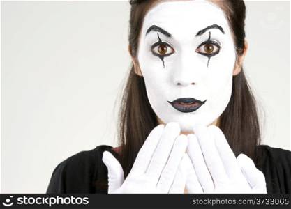 Woman Circus Clown Mime White Face Hands on Chin