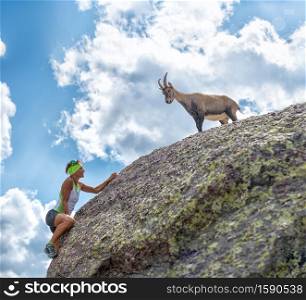 Woman climber encounters a mountain goat on the rock