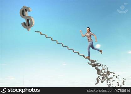 Woman climbing stone ladder . Young woman walking up collapsing staircase representing success concept