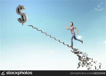 Woman climbing stone ladder . Young woman walking up collapsing staircase representing success concept