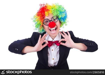 Woman clown businesswoman isolated on white