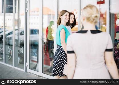 woman coming friends shopping