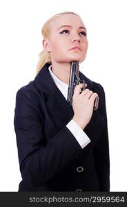 Woman committing suicide on white