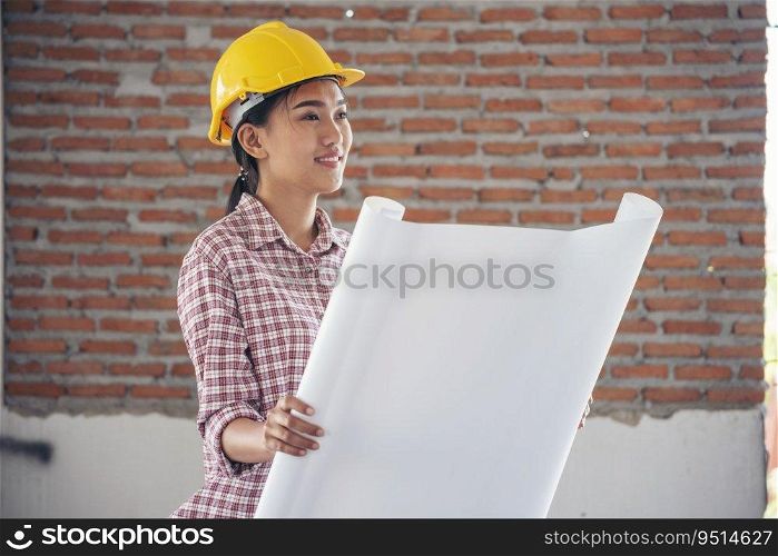 Woman construction engineer wear safety white hard hat at construction site industry worker. Female engineer worker civil engineering with hard hat safety helmet. Woman construction Engineer concept