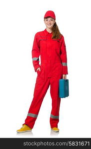 Woman construction worker in red coveralls on white