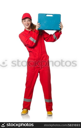 Woman construction worker in red coveralls on white