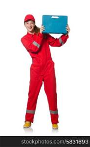 Woman construction worker in red coveralls on white