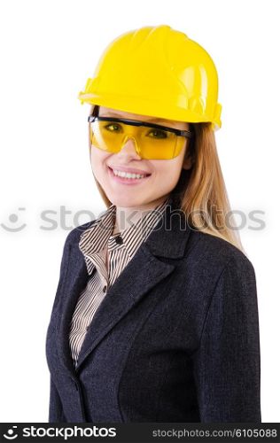 Woman construction worker isolated on white