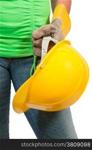 Woman construction worker with hard hat and work gloves