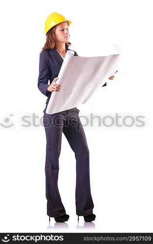 Woman construction worker with hard hat on white