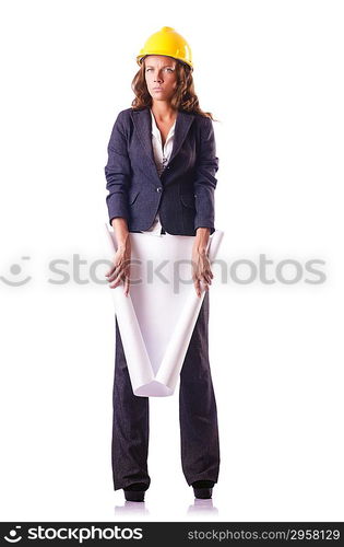 Woman construction worker with hard hat on white