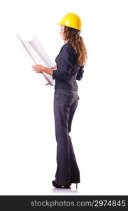 Woman construction worker with hard hat on white