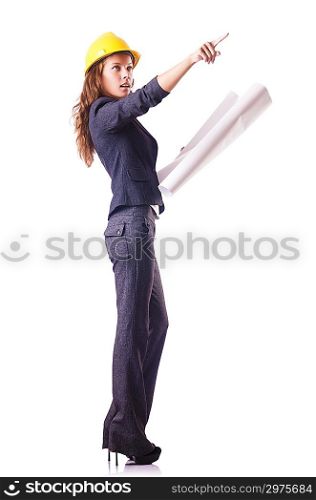 Woman construction worker with hard hat on white