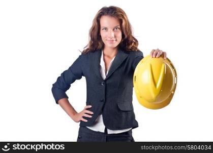 Woman construction worker with hard hat on white