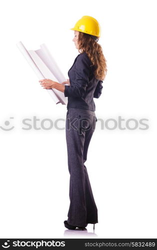 Woman construction worker with hard hat on white